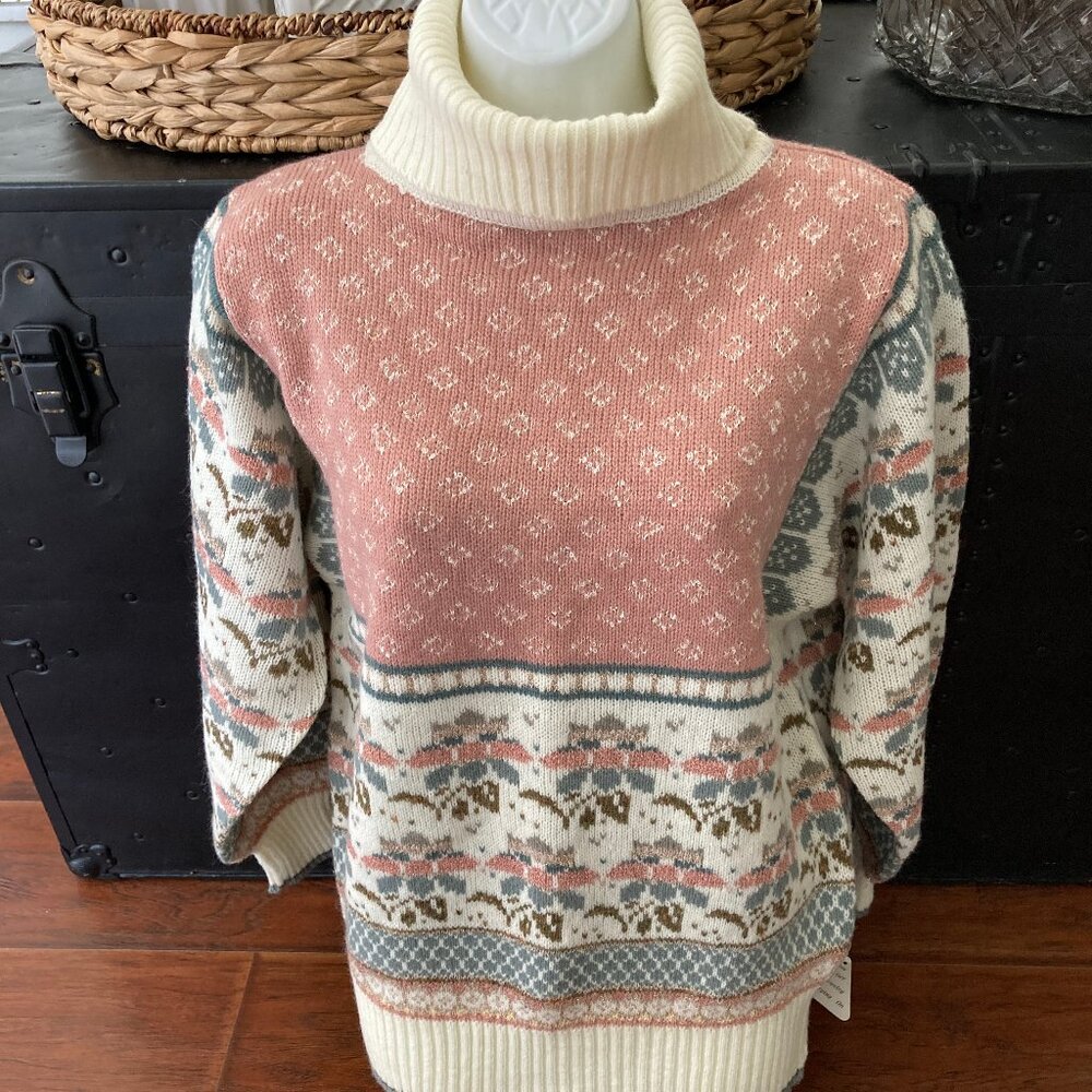 The Import Workshop Cream Pink Fair Isle Turtleneck Sweater Medium NWT